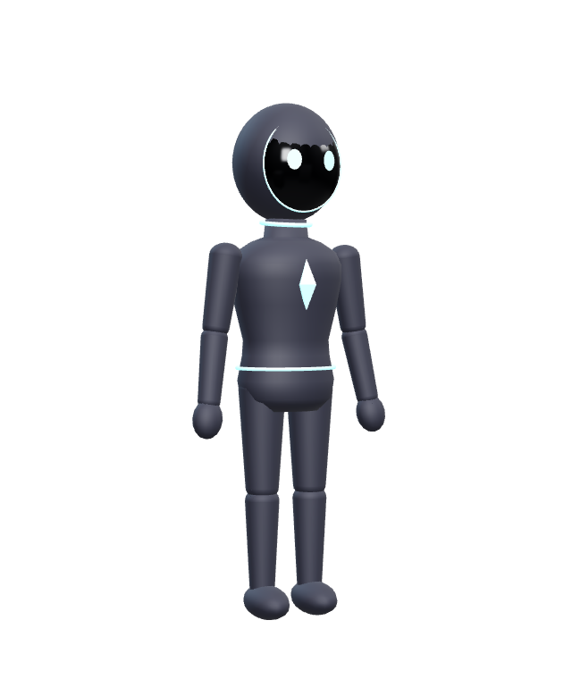 The NEXUS avatar: a sleek dark humanoid with a glossy black helmet face, glowing eyes, a light ring at the neck and a pulsing core in its chest.