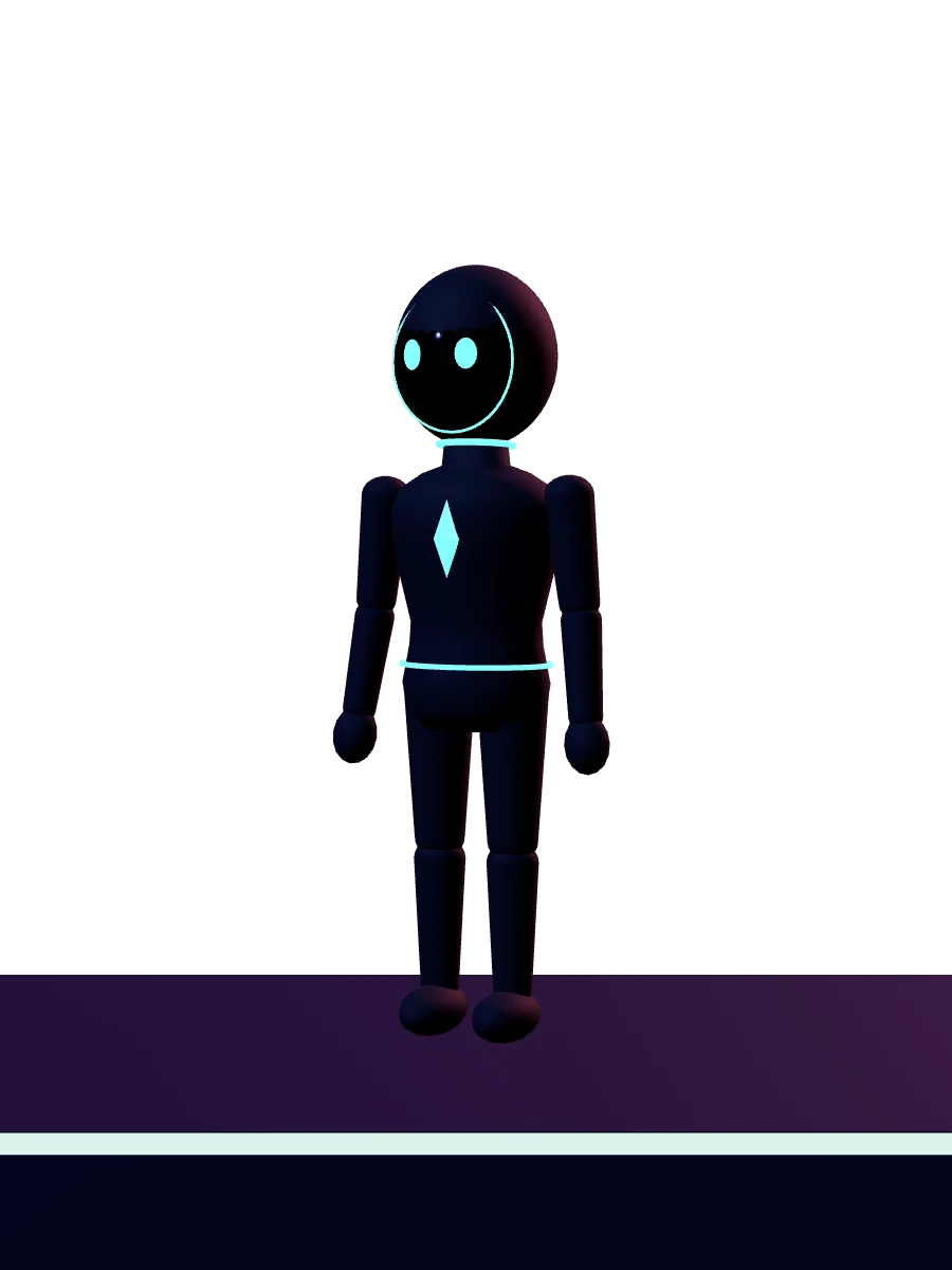 The NEXUS avatar: a slim dark figure with an oval helmet, glowing eyes, a glowing ring at the neck and a crystal in the chest.